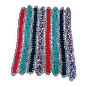 Handmade Lap Chair Throw Crochet Blanket Stripes of Red Blue & Gray 32x34 Baby